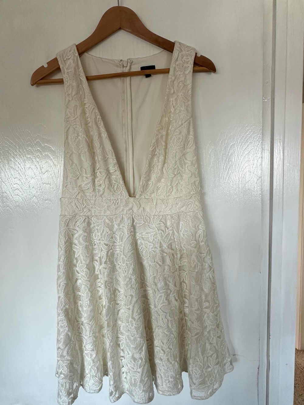NBD Cream Lace Plunge V-Neck Mini Dress